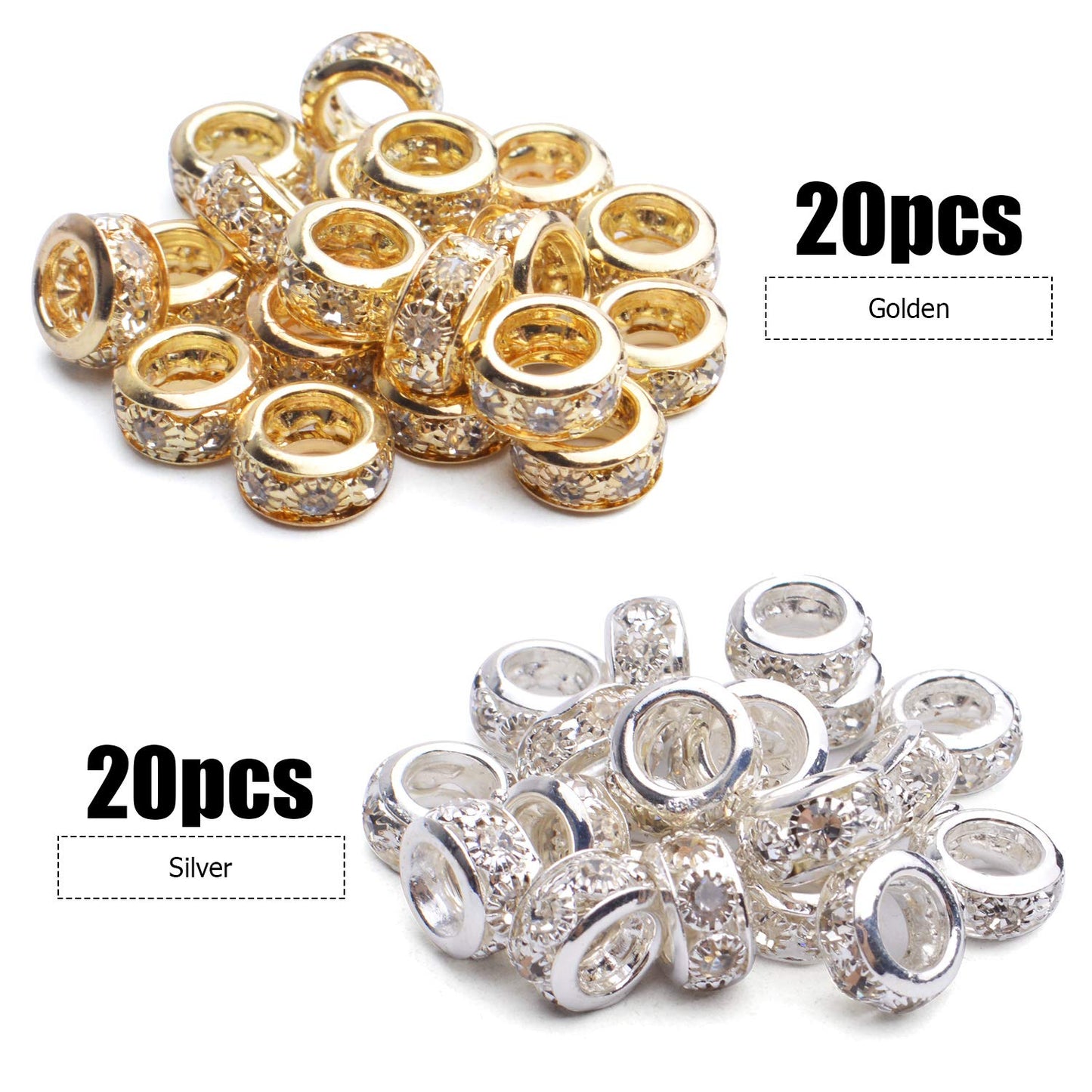 Large Hole Rhinestone Spacer Beads, 40pcs 10mm Crystal Pave Brass Rondelle Beads Fit European Bracelet Snake Chain Jewelry DIY