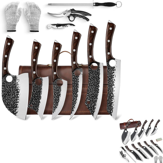 Serbian Chef Knife Set, Gift for Dad, Hand Forged Knife Set with Bag, Full Tang Kitchen Knife Set with High Carbon Steel, Meat Cleaver Butcher Boning Knife for Brisket Trimming