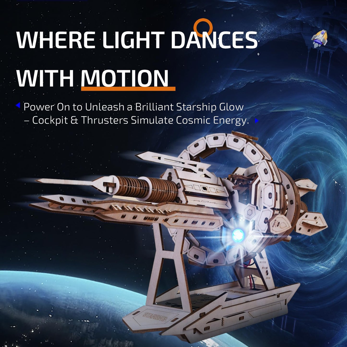 3D Wooden Puzzles for Adults,3D Puzzles for Adults – Wooden DIY Starship with LED & Gears,Unique Adult Puzzle Gift for Teens & Puzzle for Adults, Sci-Fi Collectible with Mechanical Fun