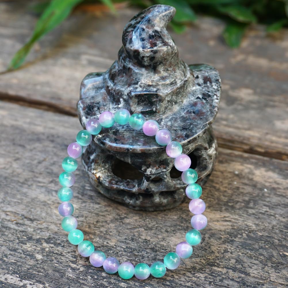 6mm Rainbow Selenite Bracelet - Iridescent Natural Crystal | Handmade Meditation Bracelet with Cat-Eye Effect | Come with Beading Tool Kit - Adjustable to 6.5-7.5 inches Wrist Size