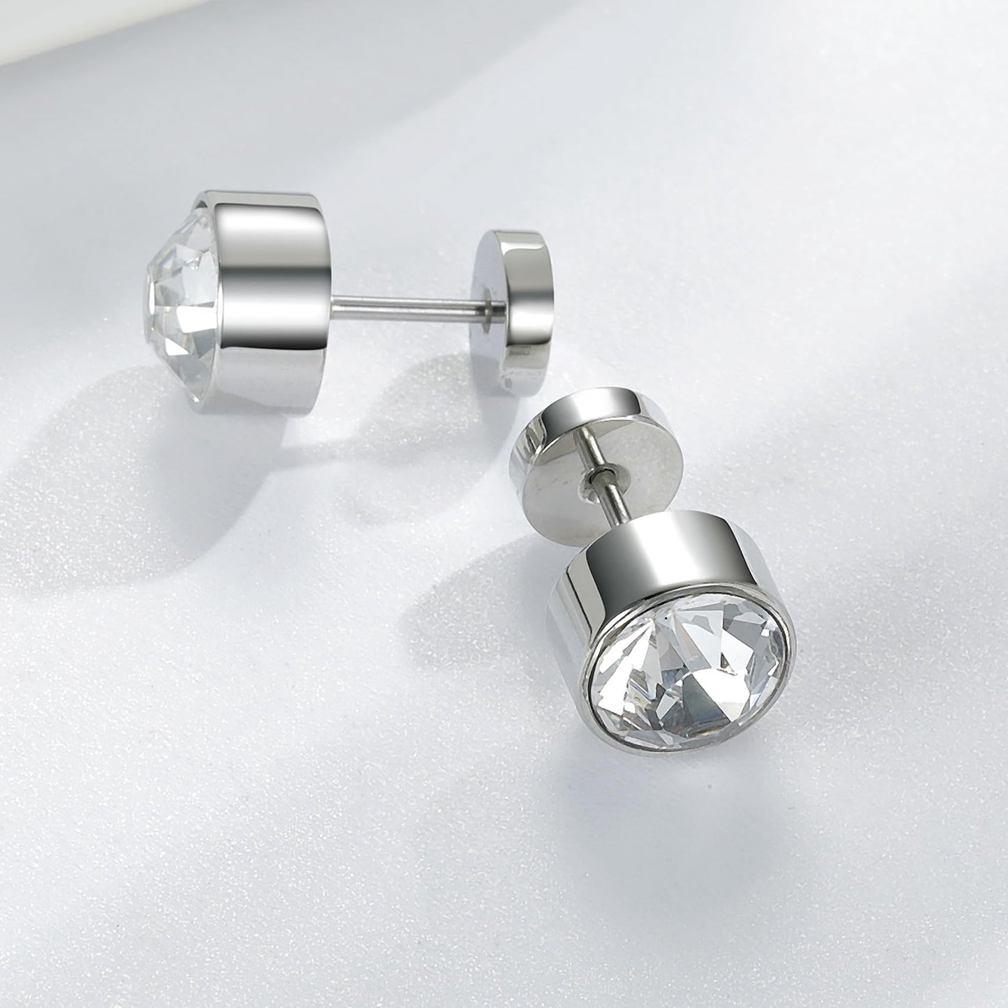 VOLUKA Titanium Earrings Screw Flat Back Earrings Studs Hypoallergenic for Sensitive Ears Cubic Zirconia Created Quartz Punk Dot Disc Barbell Stud Earrings-8mm CZ