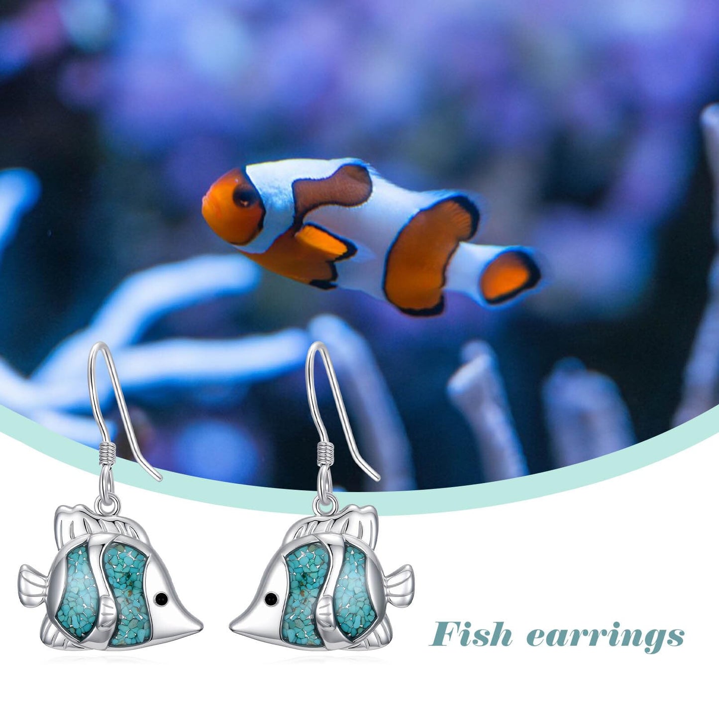 HPQQ Fish Earrings 925 Sterling Silver Turquoise Fish Dangle Earrings Ocean Beach Themed Jewelry Mother's Day Jewelry Gifts for Women