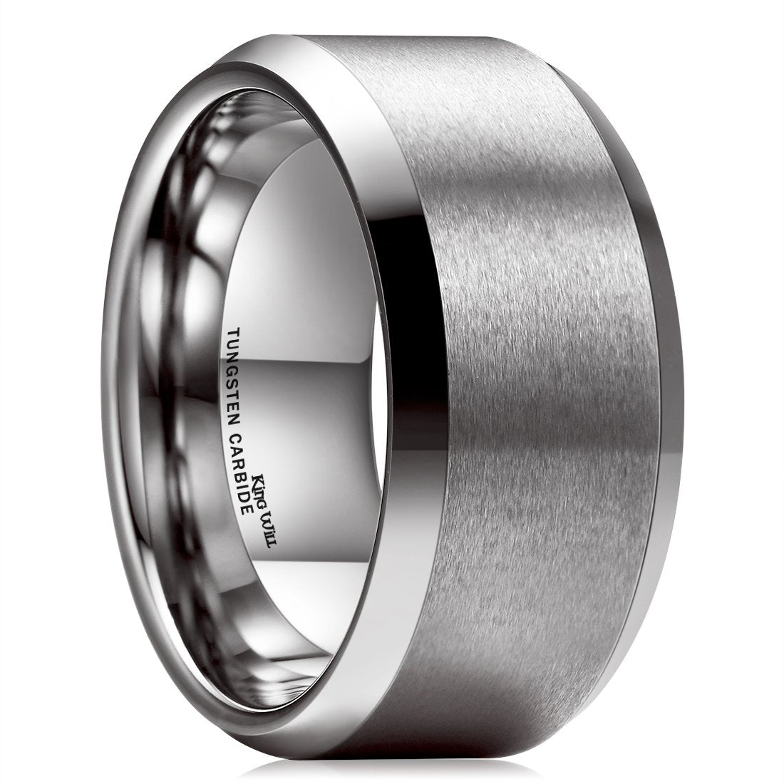 King Will 10mm Silver Men's Wedding Ring - Brushed Matte Finish, Beveled Polished Edge, Comfort Fit Size 14