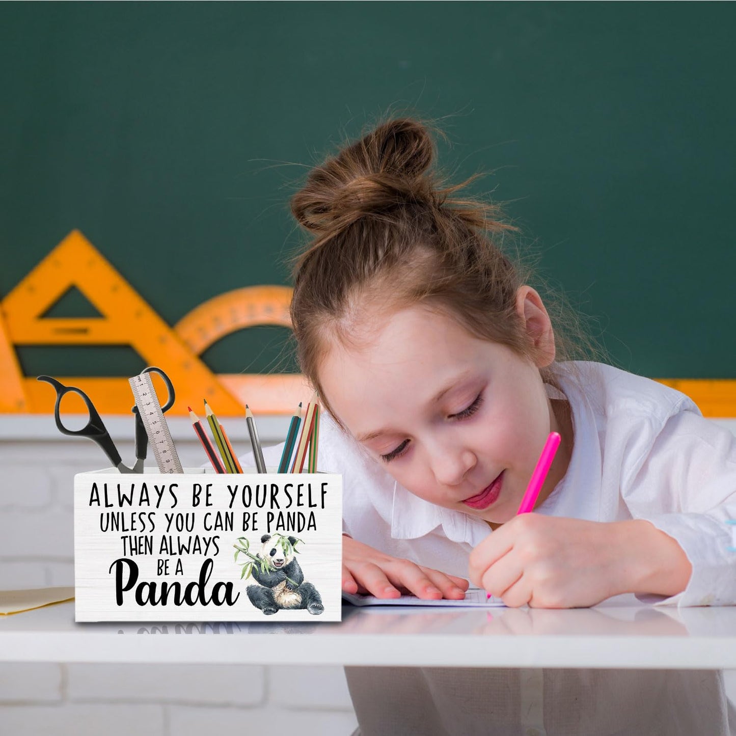 HYKDFMNCJ Panda Pen Holder for Desk, Inspirational Panda Wooden Box Sign Desk Decor for Home Office Decoration, Always Be Yourself Motivational Pencil Organizer, Pandas Lover Gifts