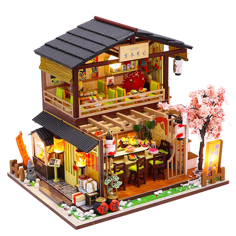 DIY Miniature Dollhouse Kit Japanese-Style Restaurant Wooden Miniature Doll House with Music and Dust Cover DIY Scene Architectural Model Toy Puzzle Fun Parent-Child Gift