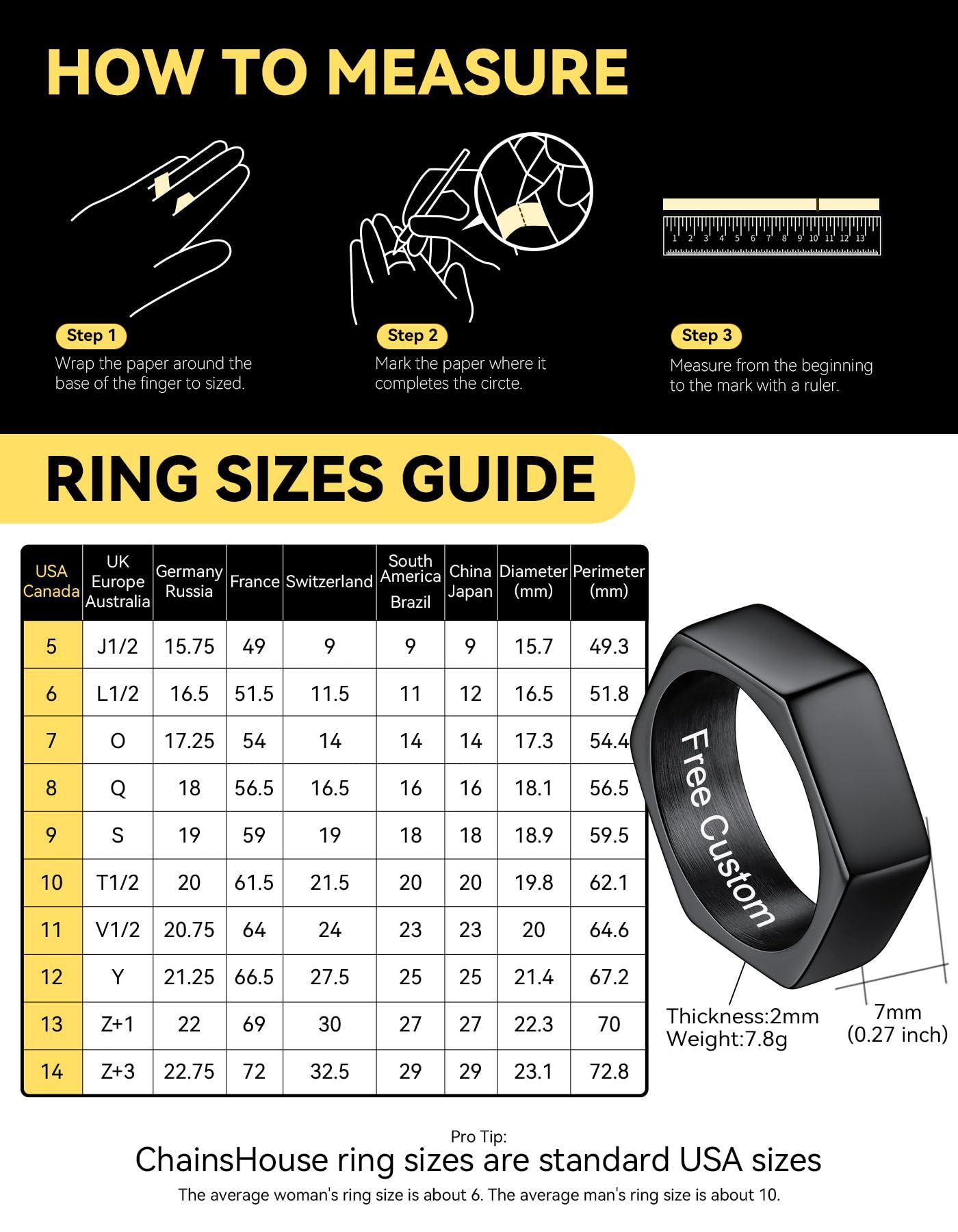 ChainsHouse Personalized Engravable Stainless Steel Black Hexagon Geometric Biker Ring Bands, Size 13