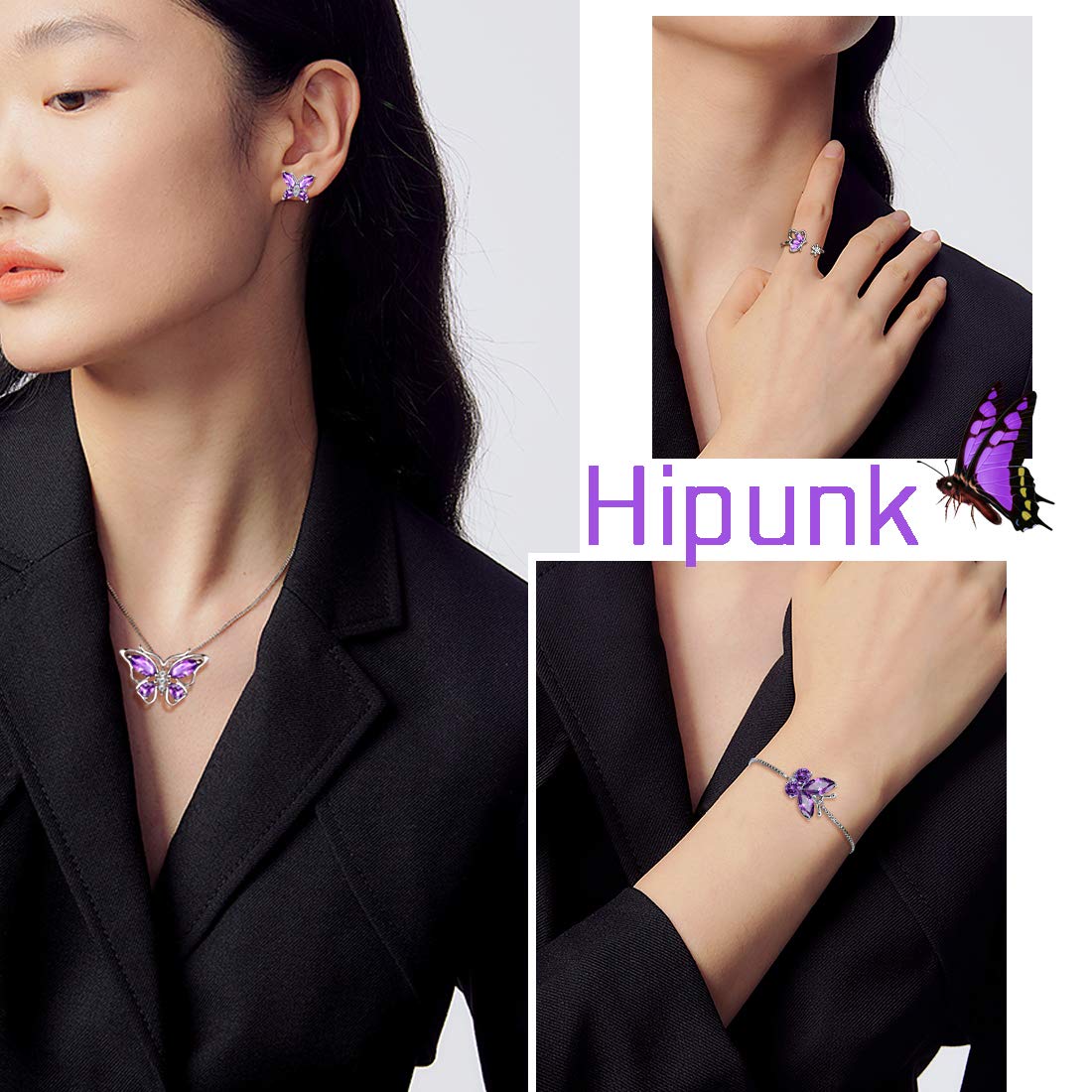 Hipunk Butterfly Purple Jewelry Sets Birthstone Women 925 Sterling Silver Februsry-Amethyst Birth Stone Animal Butterflies Jewelry Sets/Earring/Ring/Bracelet Set Crystal Birthday Jewelry SS0003F
