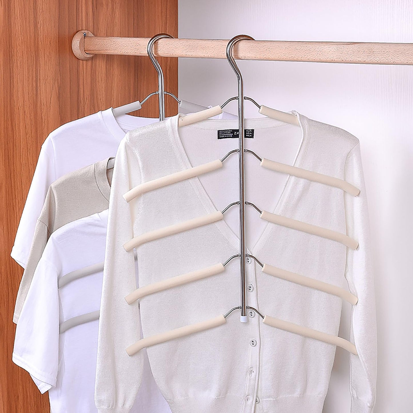 3 Pack 5 in 1 Blouse Tree Hangers Space Saving Clothes Hangers Swing Arm Non Slip Padded Coat Hanger Multi-Layer Clothes Hanger Heavy Duty Stainless Steel Sweater Shirt Hanger（Gray）