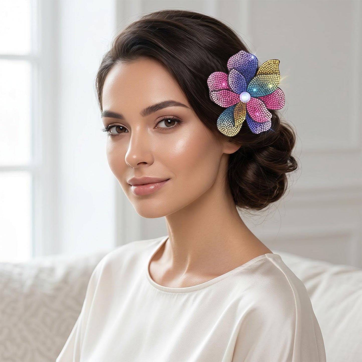 Merdia 3.74 Inches Rhinestone Camellia Flower Brooch Pins & Hair Clips for Women Elegant Created Crystal Lapel Pin Brooches Wedding Party Colorful