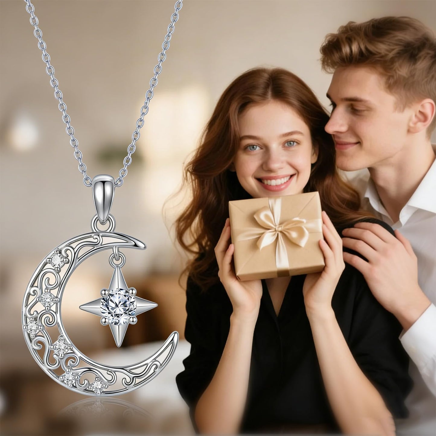SOACAE Moissanite Moon and Star Necklace 925 Sterling Silver 0.3ct Lab Created Moissanite Moon Phase Pendant North Star Jewelry Gift for Women