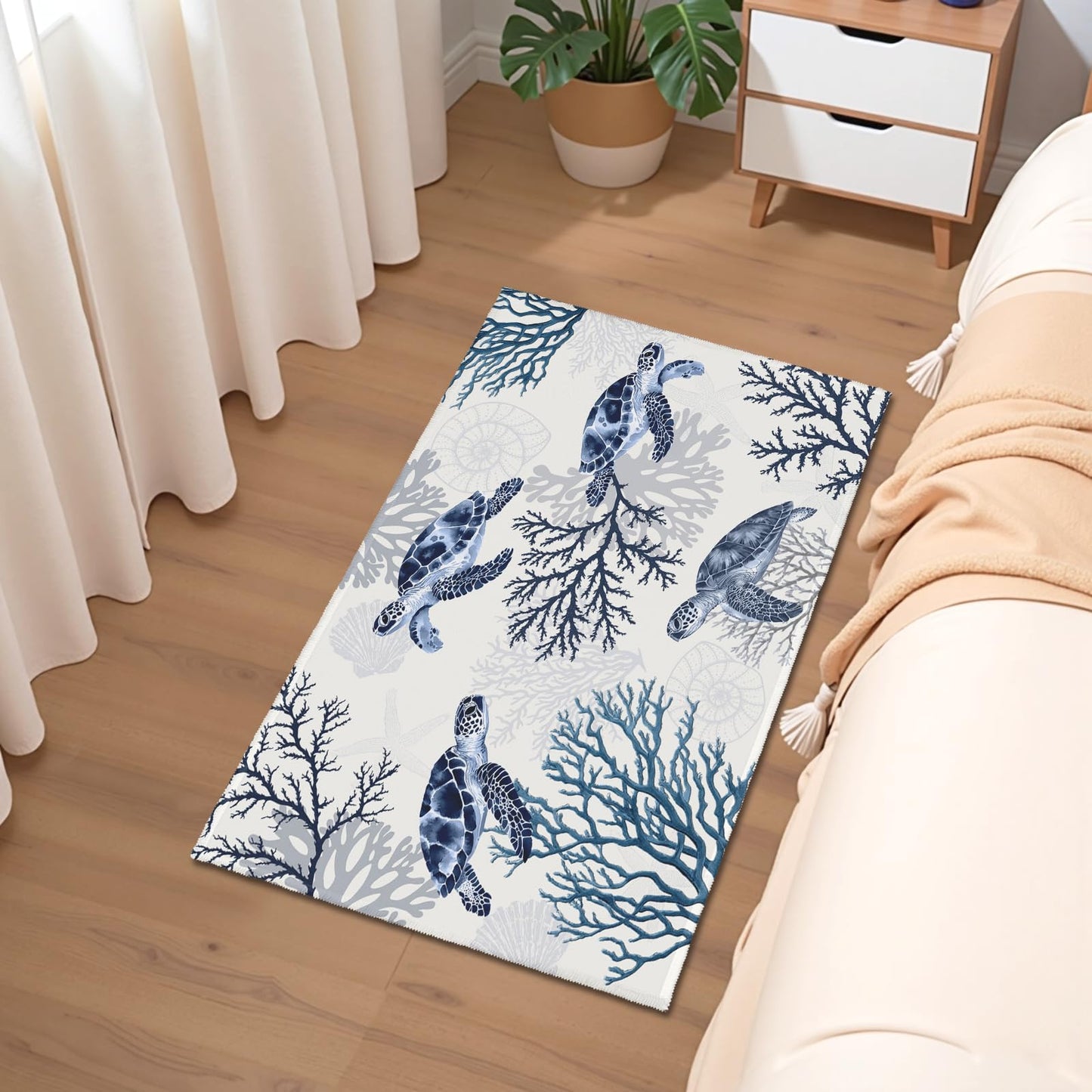 Wnoesat Summer Coastal Outdoor Door Mat 2x3 Nautical Coral Sea Turtle Entryway Area Rug Navy Blue Beach Theme Small Low Pile Front Doormat Washable Throw Rugs for Living Room Bedroom Kitchen