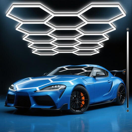 BRILLIHOOD Hexagon Garage Lights, 10-100% Dimmable LED Honeycomb Lights, 54720LM, 6500K Super Bright, 14 Grid Systems Car Detailing Lighting for Warehouse Workshop Basement Gym