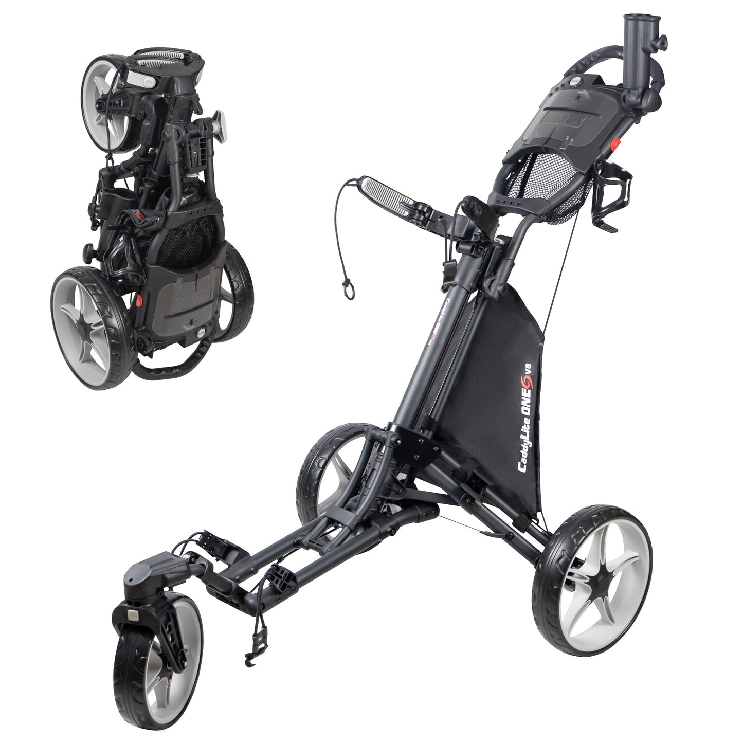 Caddytek CaddyLite One Swivel V8 Golf Push Cart - 3 Wheel Lightweight Folding Trolley with 360° Swivel Front Wheel, Cooler Basket, Umbrella and Drink Holder, Adjustable Handle