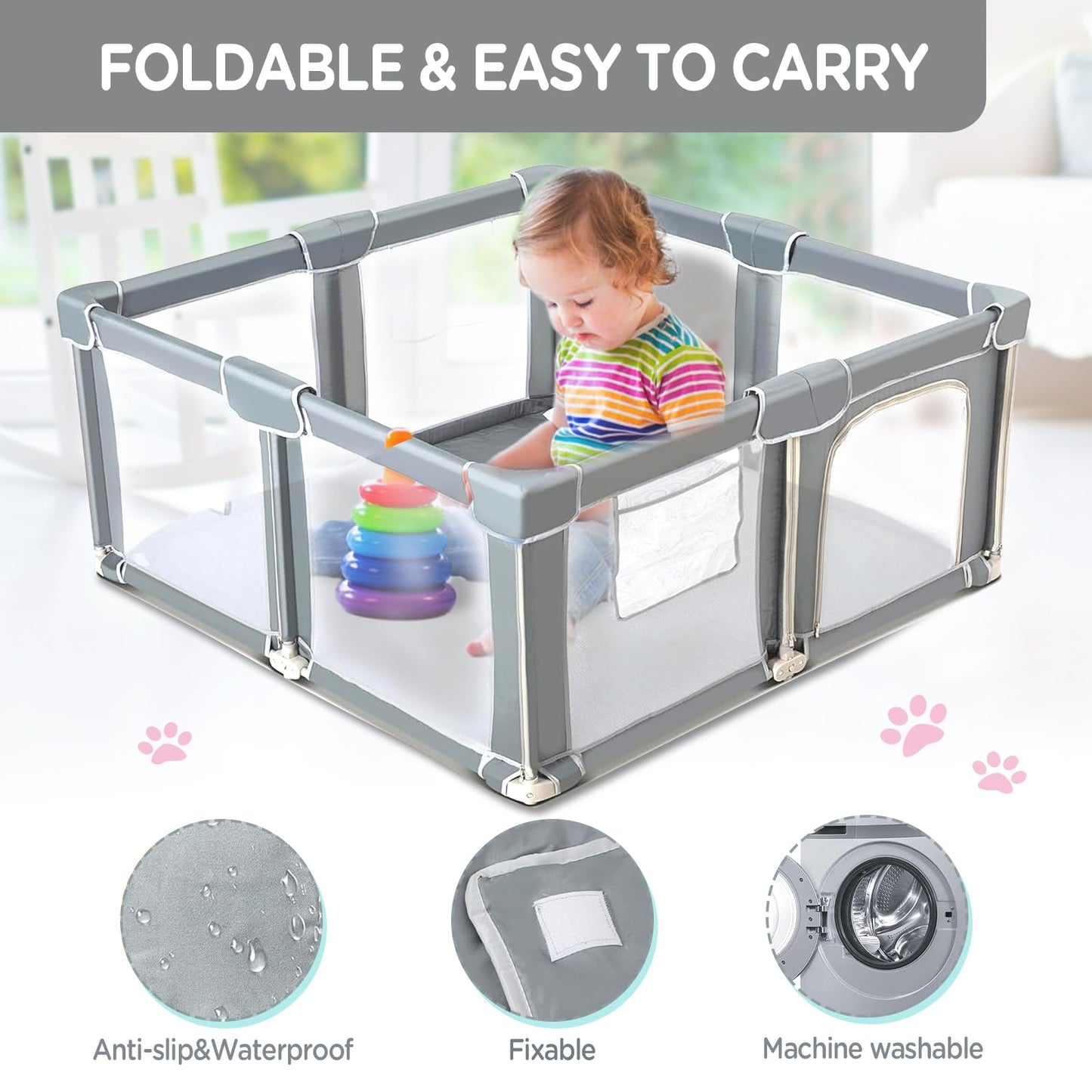 CAPAKIDS Foldable Baby Playpen 59"×71", Out-of-The-Box Ready Playpen for Babies and Toddlers, Portable Play Yard with Breathable Mesh & Gates, Storage Bag & 4 Handlers for Indoor & Outdoor