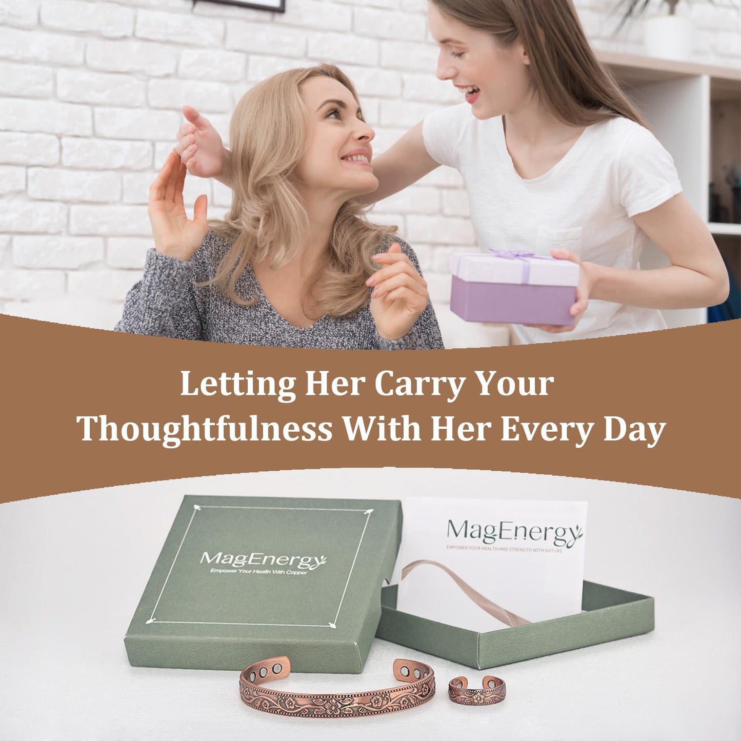 MagEnergy Copper Bracelets and Lymphatic Drainage Rings for Women, 99.9% Pure Copper Vintage Flower Magnetic Bangle with 3500 Gauss Magnets,Adjustable Cuff Jewelry Box