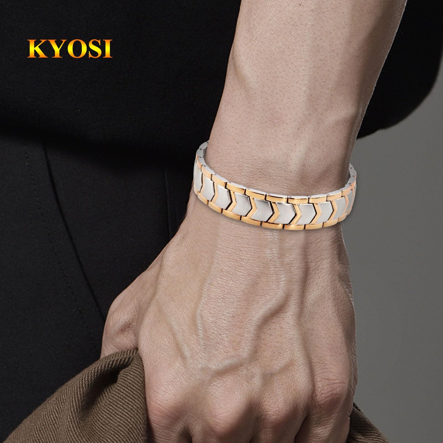 KYOSI Mens Magnetic Bracelet Stainless Steel Link Magnet Jewelry Bracelet Accessories for Men Christmas Gift 8.66 inches (Silver&Gold)