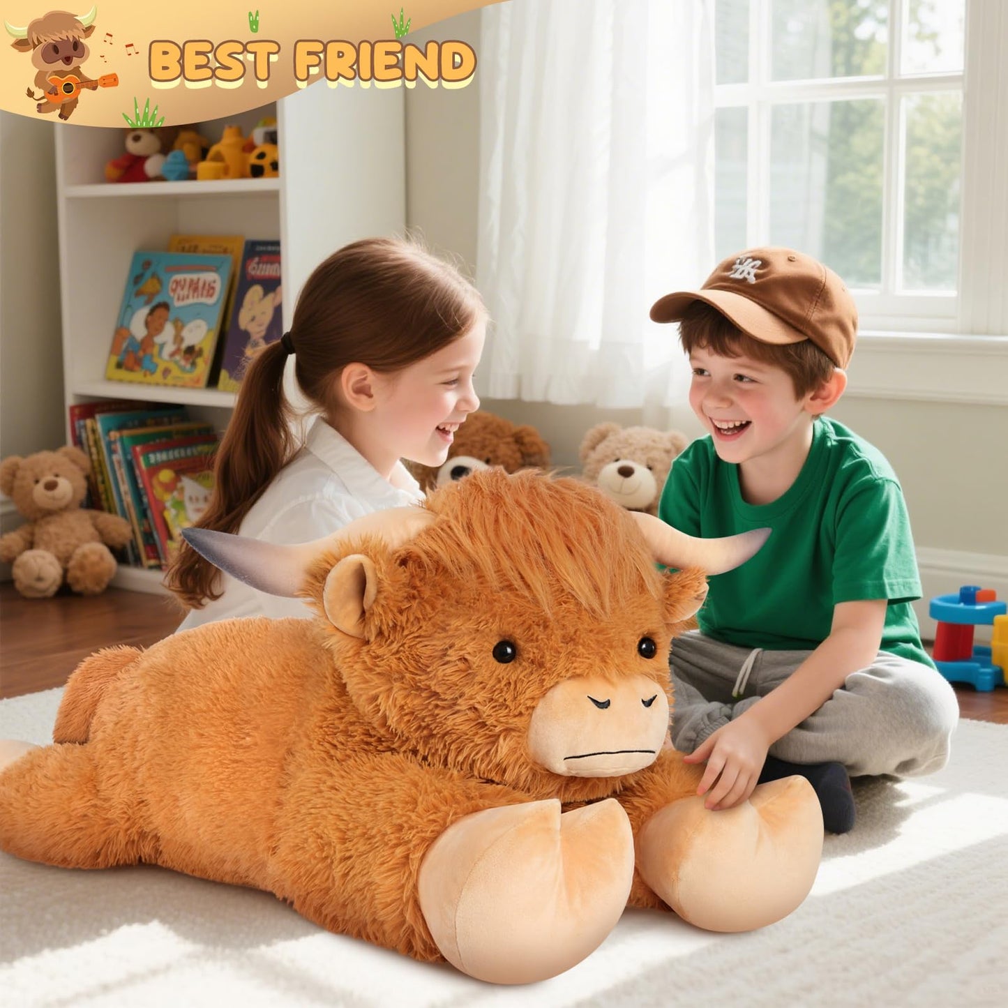 SuzziPals 43 inch Giant Highland Cow Stuffed Animal, Lifelike Huge Cow Stuffed Animal for Stress Relief & Companion, Extra Soft Cow Plush, Huge Big Plushies Highland Cows Gifts for Kids Adults