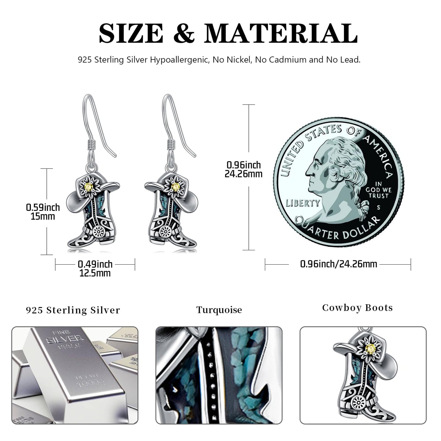 KoyeKei Cowboy Boot Earrings for Women 925 Sterling Silver Cowgirl Hat Texas Boot Dangle Drop Earrings Western Turquoise Cowboy Carter Jewelry Country Boho Gifts for Daughter Wife
