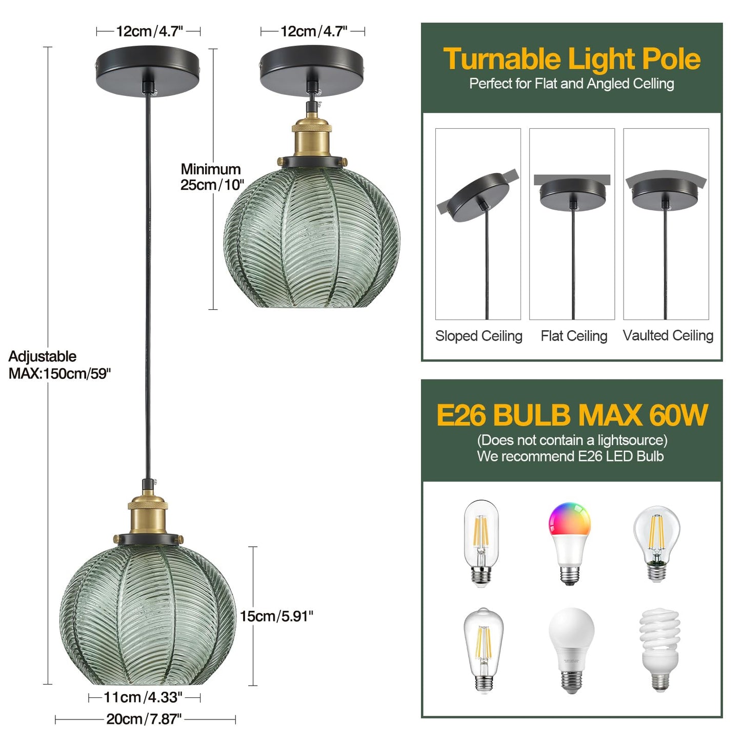 ZRPSSGE 7.8in Vintage Pendant Light 1- Light Kitchen Sink Pendant Lights with Green Hand Blown Glass Small Hanging Lamp for Kitchen Island Dining Room Bedroom Bathroom Hallway E26