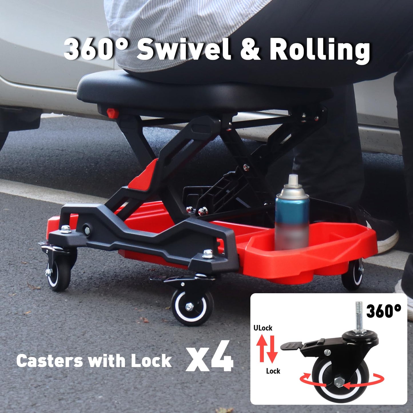HYDRAULIC PRO Automotive Creeper Seat with Rolling Wheels, 300 LBS Capacity Mechanic Stool, Heavy Duty Garage Stool with Soft Padded Cushion and Tool Trays, Foldable Design for Easy Storage