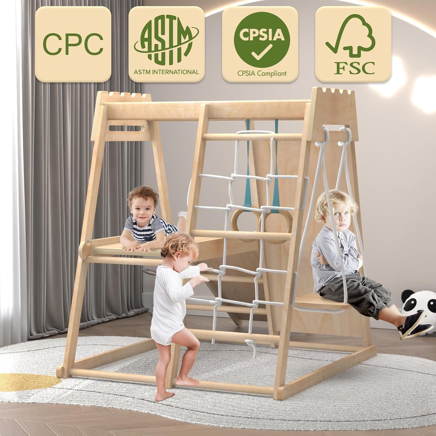 Yaofala 8-in-1 Indoor Playground, Indoor Jungle Gym for Toddlers, Kids Climbing Toys Indoor, Wooden Montessori Climber Playset with Swing, Slide, Monkey Bar, Wood Ladder, Climbing Net,Gymnastic Rings