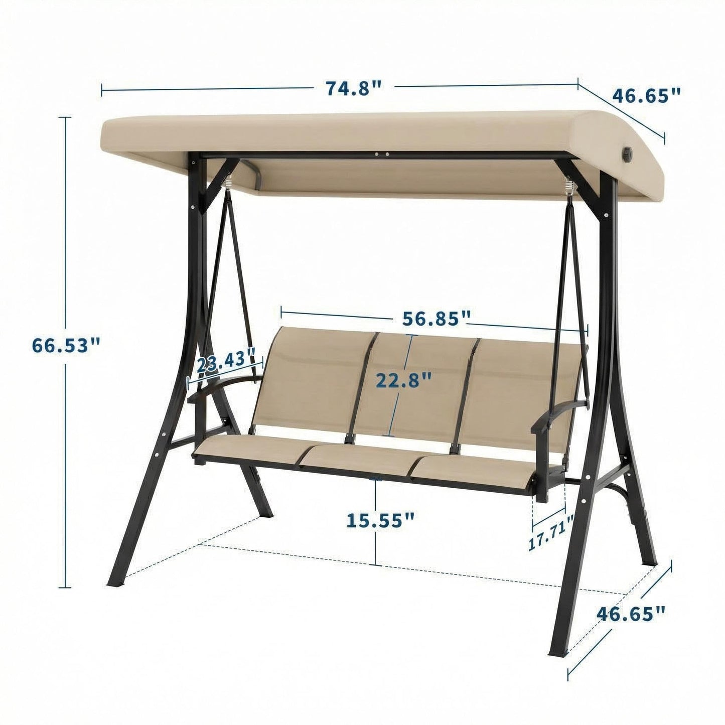 GarveeLife 3-Seat Patio Swing Chair, Outdoor Porch Hanging Chairs with Adjustable Canopy and Armrests, Breathable Textilene Fabric Seat & Backrest, Swing Bench for Garden, Poolside, Backyard, Beige