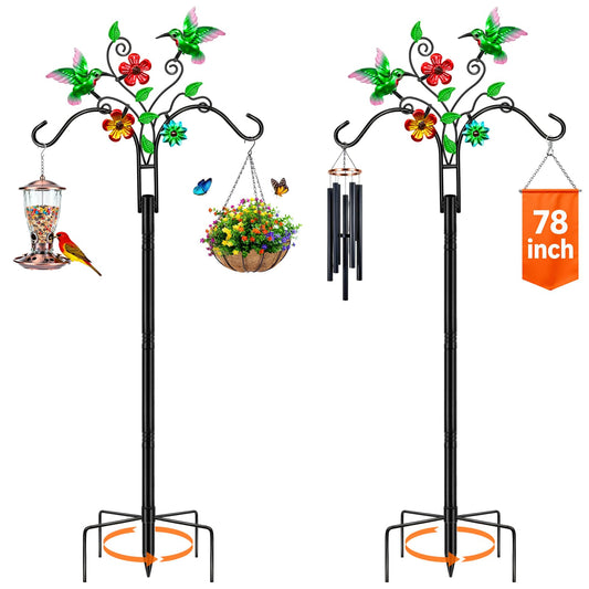 Double Shepherds Hooks for Outdoor, 2 Pack 78 Inch Bird Feeder Pole with 5 Prongs Base, Adjustable Heavy Duty Plant Hangers Hummingbird Art for Outdoor Plants Hummingbird Feeder Hanging Basket Lantern