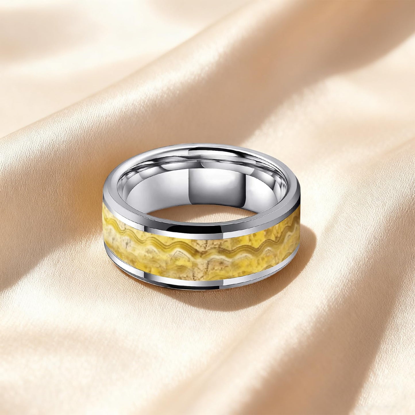 HJIMMNHONG New Carbon Fiber Fashion Rings Double Beveled Edge Delicate Polished Simple Stainless Steel Mens and Women Rings,8mm,Size Available (Flowing-sand Gold, 11)