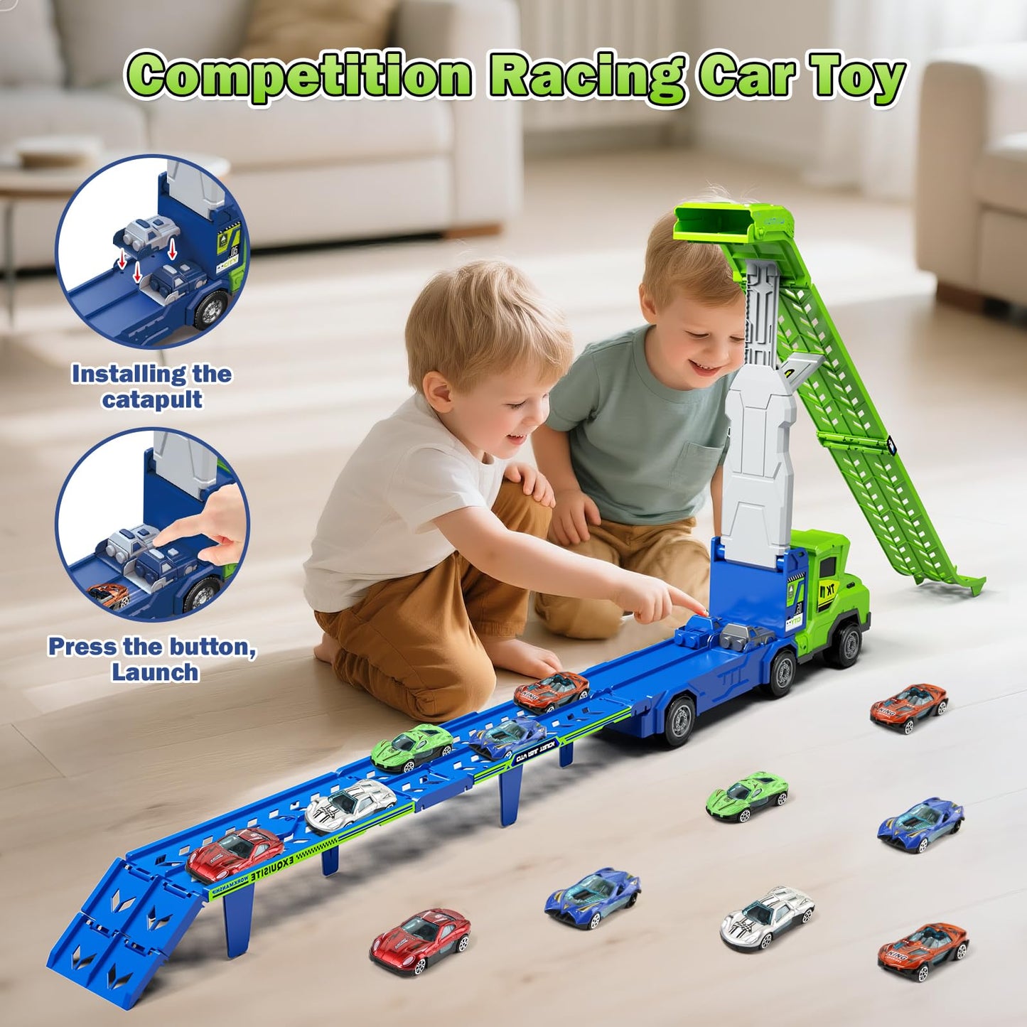 BainGesk Truck Car Toys for 3, 4, 5, 6 Years Old Boys Girls, 3 in 1 Carrier Truck with 2 Foldable Race Tracks, Transport Car with 6 Metal Cars, Birthday Toys Gifts for Toddlers