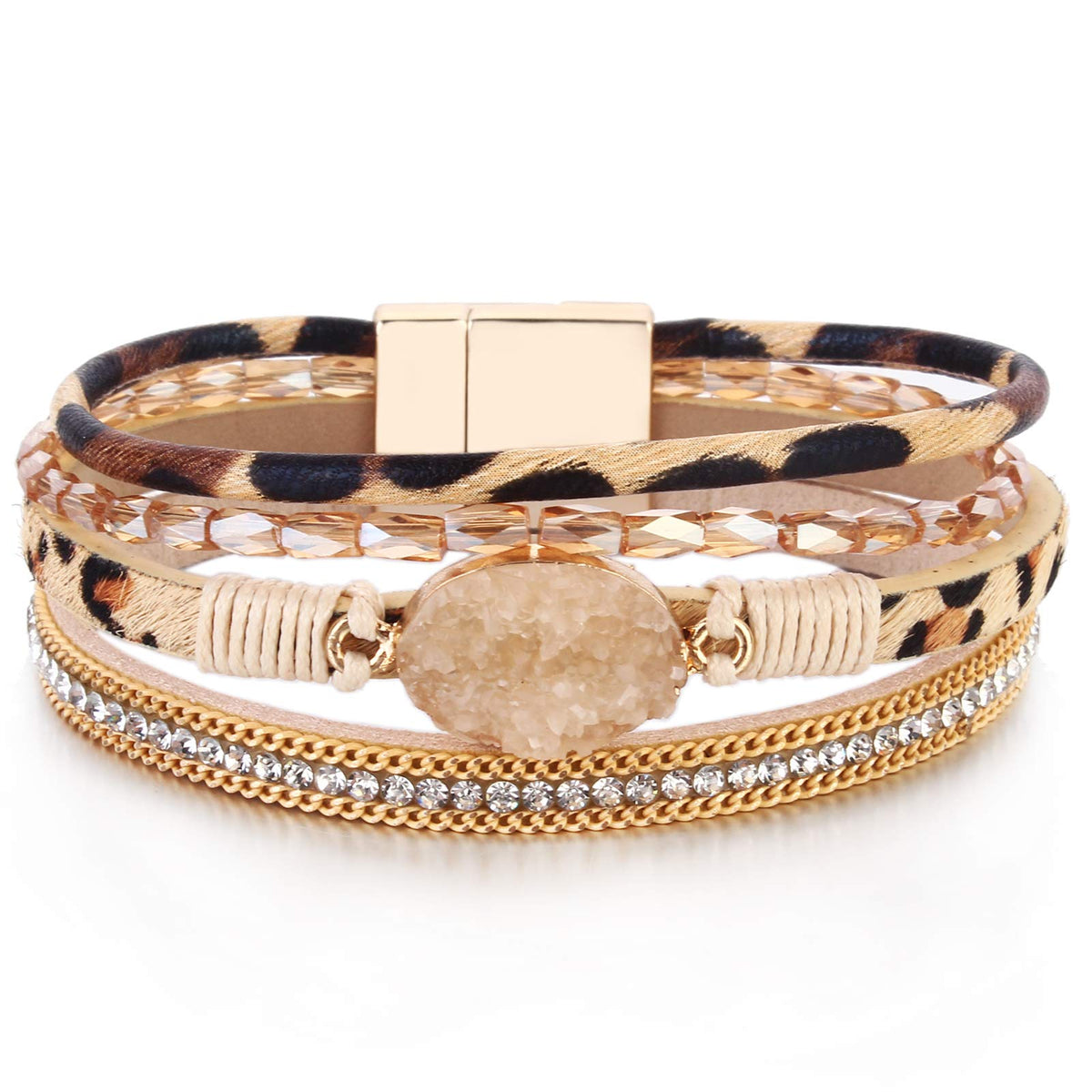 FANCY SHINY Boho Leather Wrap Bracelet Stackable Chunky Crystal Cuff Bracelets with Magnetic Clasp Cowboy Cowgirl Western Summer Beach Outfits Jewelry Gifts for Women (7.7", Leopard)