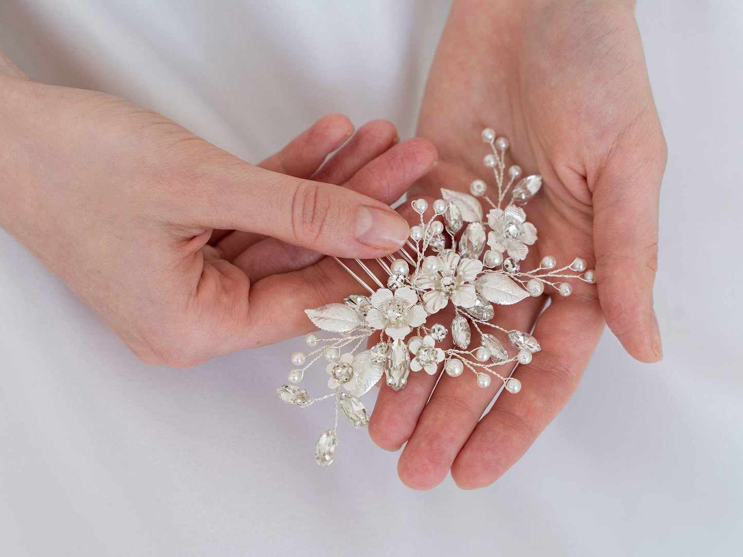 SWEETV Silver Bridal Hair Comb for Wedding Hair Accessories, Handmade with Crystals, Pearls, and Leaves, 4.72 x 2.75 inches, for Brides, Women