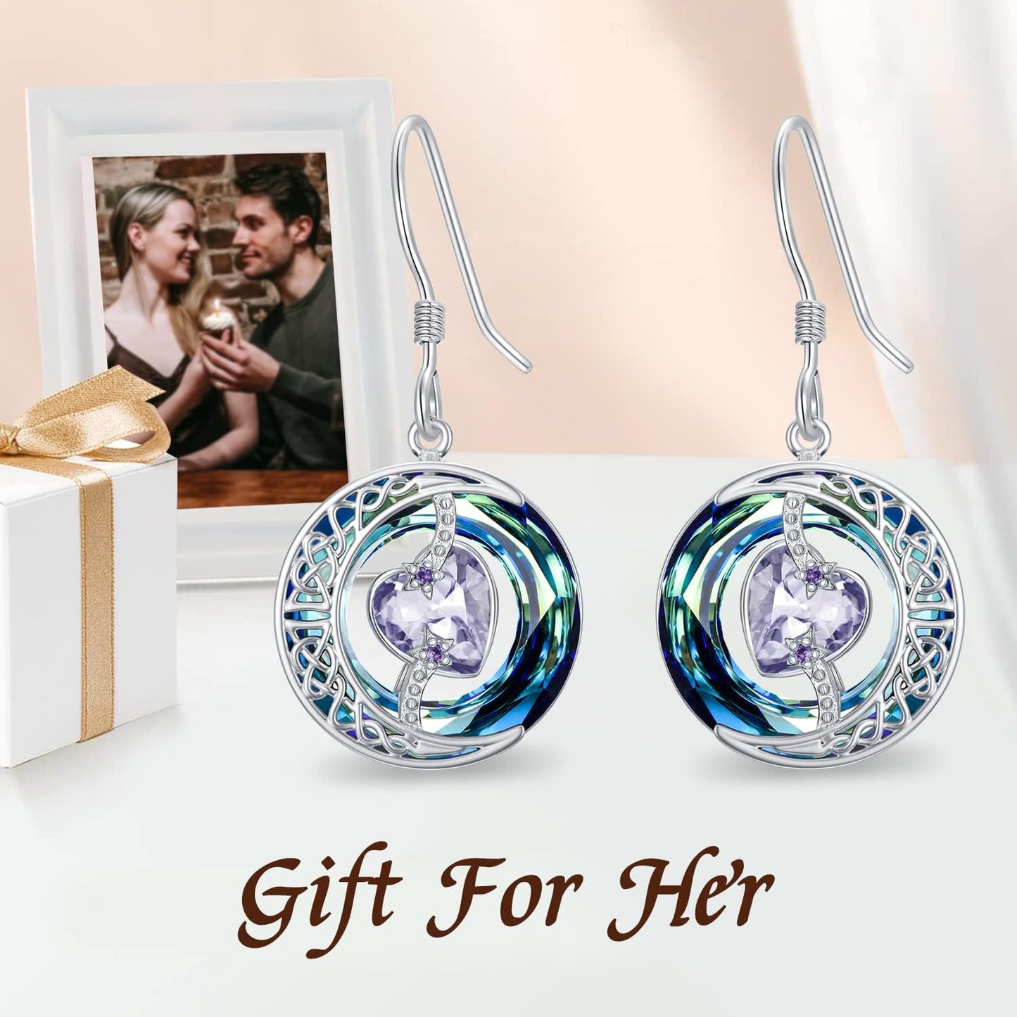 TOUPOP Alexandrite Earrings June Birthstone Earrings Sterling Silver Moon and Star Drop Dangle Earring Jewelry Blue Crystal Birthday Mothers Day Gifts for Women Mom Her