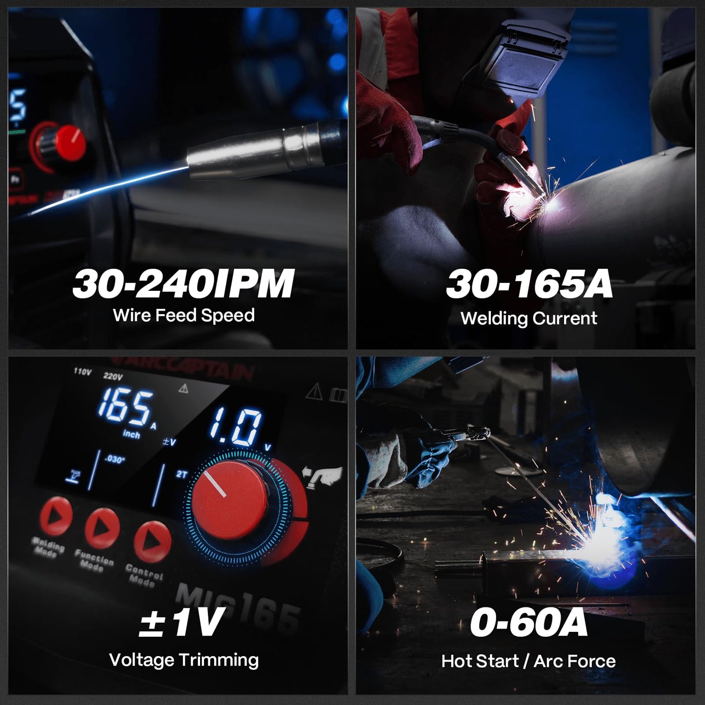 ARCCAPTAIN 165A MIG Welder 110V/220V, 2025 Newest [Large LED Display] 4 in 1 Gasless/Gas MIG/Lift TIG/Stick Welding Machine Multiprocess Welder Machine, IGBT Inverter Welder with Synergy, 2T/4T