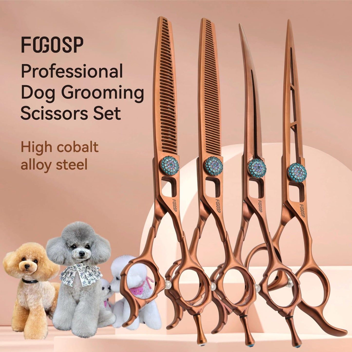 FOGOSP 7'' Dog Grooming Scissors Set 4PCS Curved Thinning Straight Chunkers Shears Kit with Hollow Out Design Ergonomic Offset Handle High Cobalt Alloy Steel Sharp and Durable(7, Chocolate Kit)