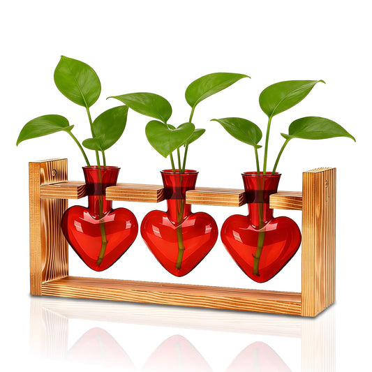 Nacome Plant Terrarium Propagation Stations: Mothers Day Gifts for Mom Plant Lovers Women Wife Daughter - 3 Bulb Glass Vase with Wooden Stand Tabletop for Hydroponics Garden Home Wall Decor(Red)