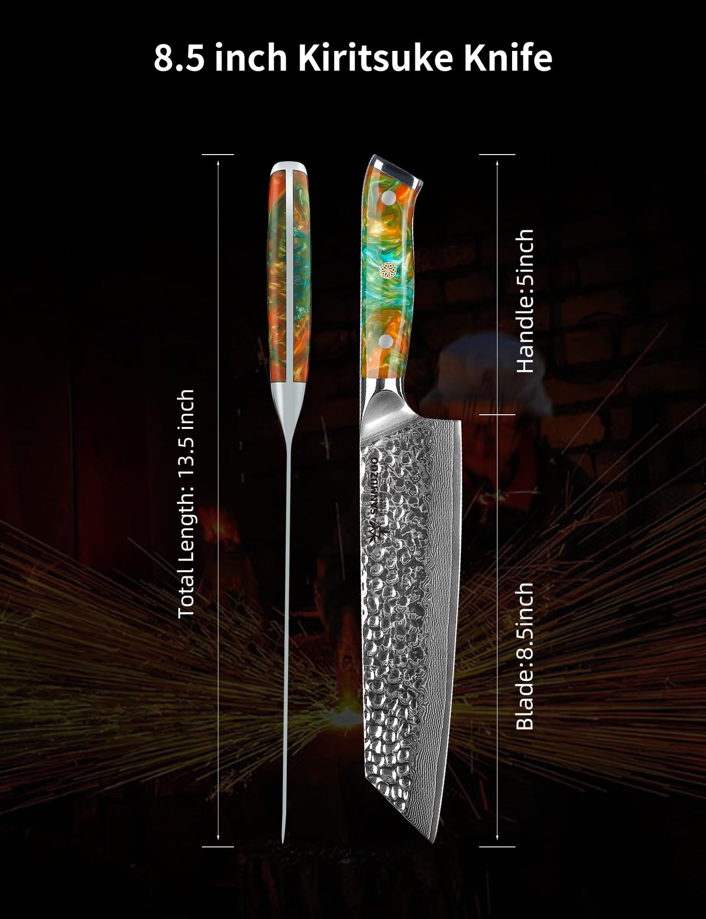 SANMUZUO 8.5" Kiritsuke Knife - Professional Kitchen Chef Knife - Hammered Damascus Steel & Resin Handle - YAO Series