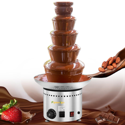 Flyseago Commercial Chocolate Fountain 5 Tiers 13.2 Lbs Nacho Cheese Fountain Stainless Steel Hot Fondue Fountain Machine for Bakery, Party, Gathering, Wedding, Rental, Knob Control