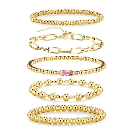5 PCS Gold Bracelets for Women, Dainty Birthstone Bracelet 14K Gold Plated Stackable Paperclip Cuban Link Chain Bead Bracelets, Fashion Trendy Jewelry Sets Birthday Gifts