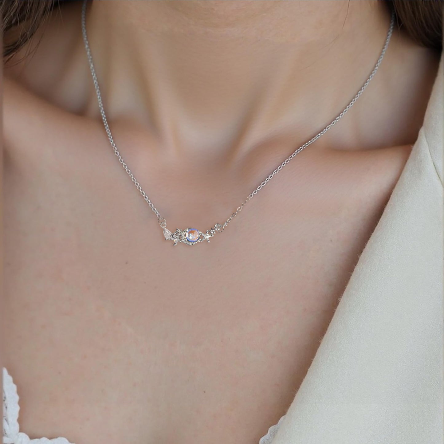 Buyongwant Star Moon Necklace for Women Moonstone Irregular Pendant Simple High Fashion Jewelry Silver
