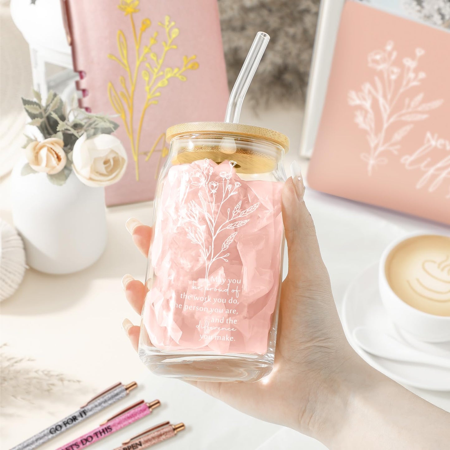 Funnymoom 6 Pcs Appreciation Gifts Set for Women 17oz Aesthetic Glass Tumbler Makeup Bag Journal Ballpoint for Mother's Day Teacher Appreciation 2026 Graduation Volunteer Assistant Secretary Gift