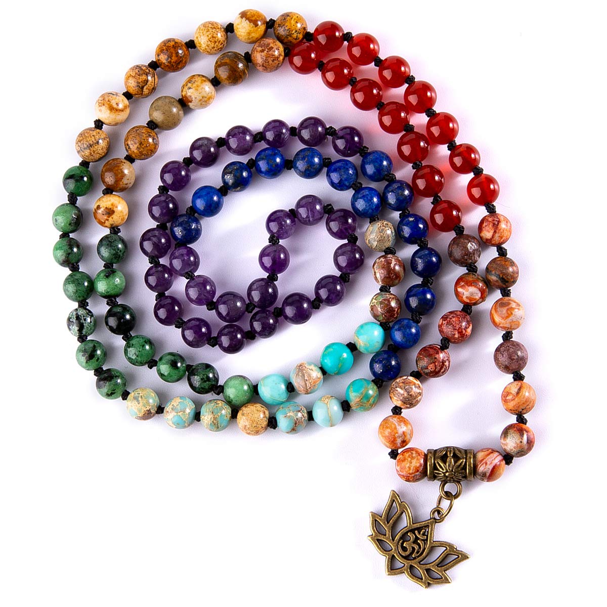 Bivei 7 Chakra 108 Mala Beads Bracelet Real Gemstone Yoga Meditation Hand Knotted Mala Prayer Bead Necklace(Lotus OM-6mm beads)