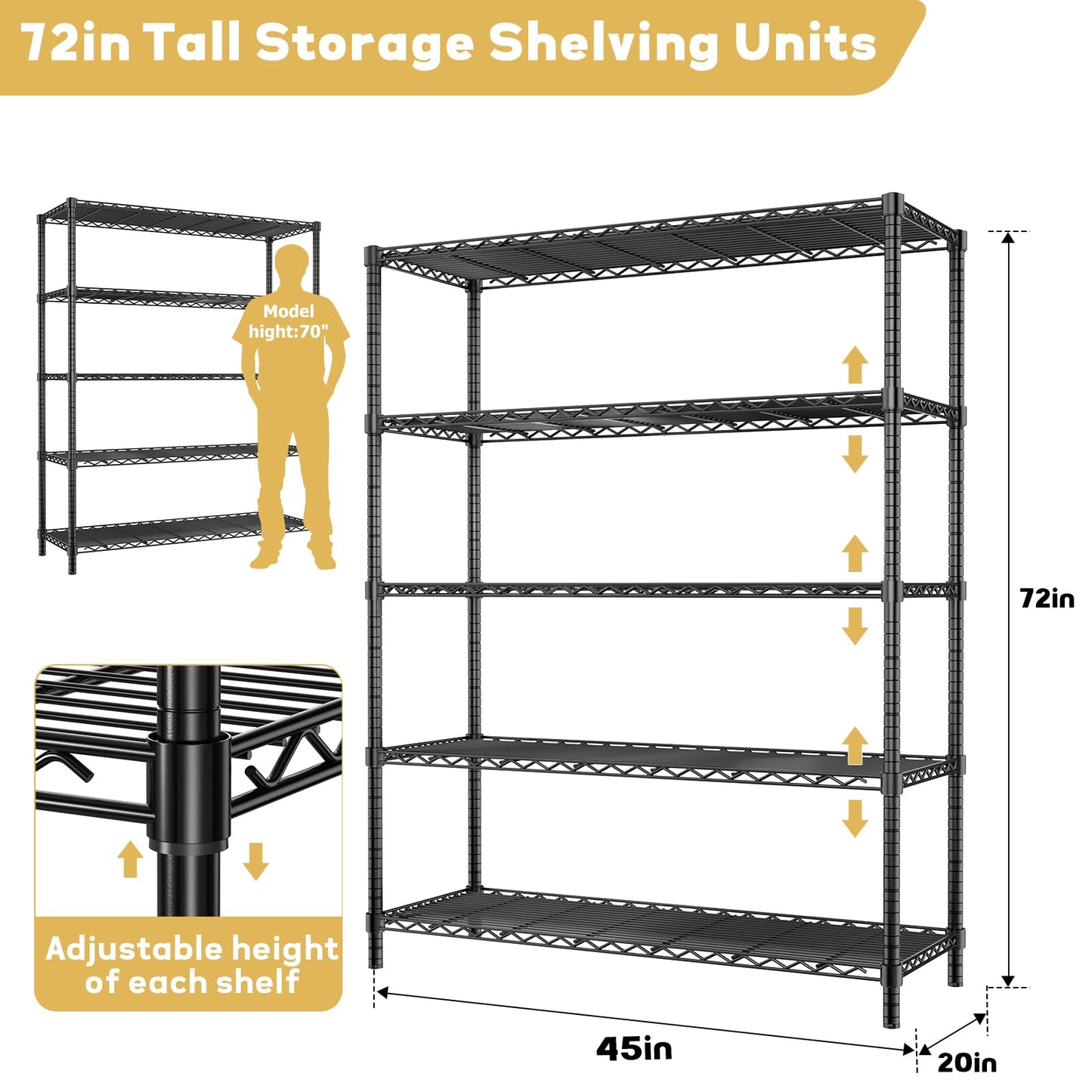 Storage Shelves Heavy Duty, 45" W x 20" D x 72" H Garage Shelving Unit Loads 2000LBS, 5-Tier Adjustable Metal Utility Rack, Wire Shelf for Kitchen, Laundry Room, Pantry, Warehouse, Basement