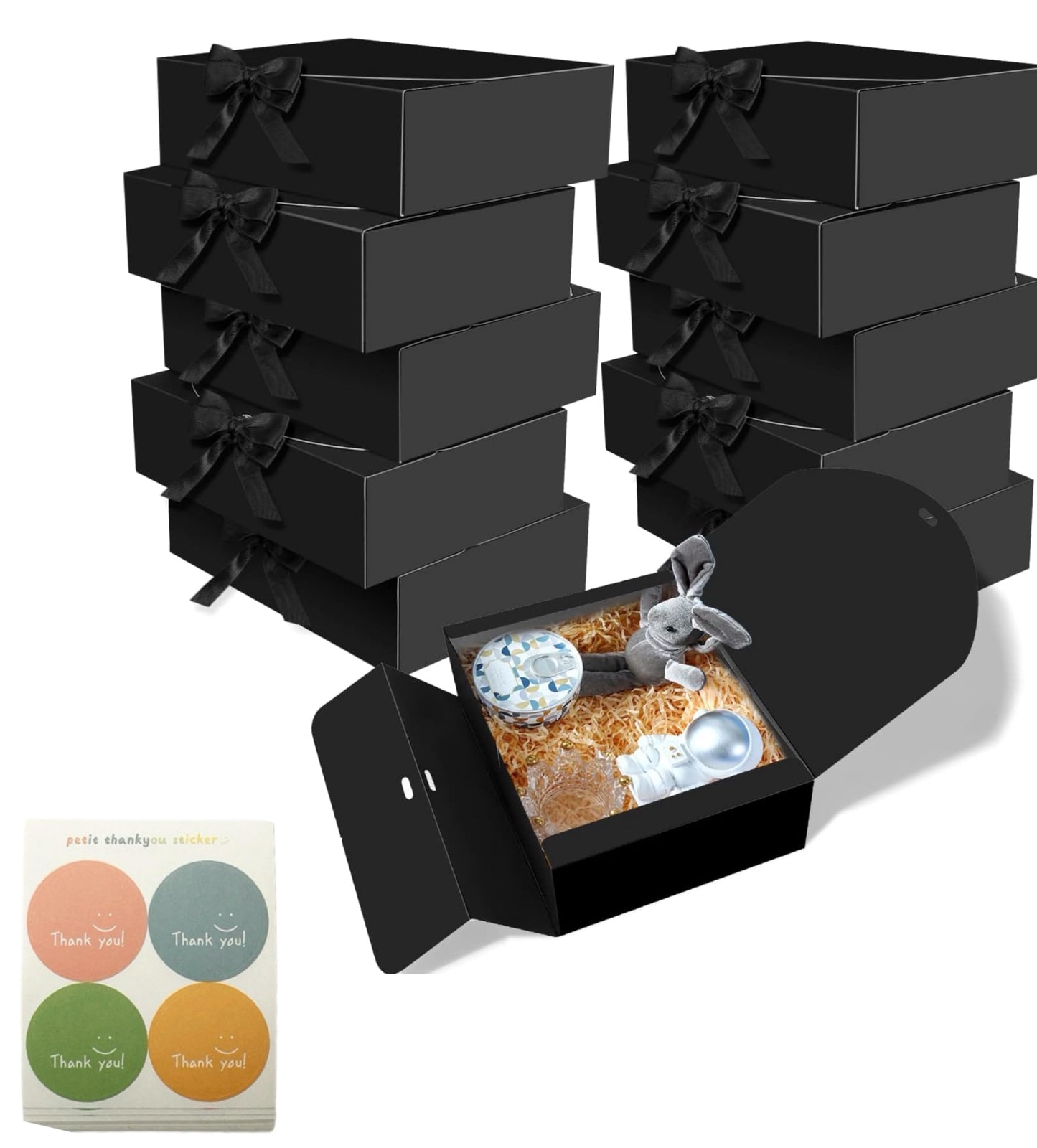 Treelement 10Pcs Black Gift Boxes with Lids,10.6×7.8×3.1 Inch Bridesmaid Proposal Boxes with Ribbons and Stickers for Wedding Gifting,Birthday,Party Favors，Baby Shower,Return Gifts