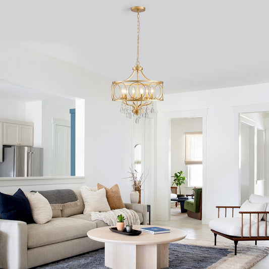 Majhoiw 6-Light Modern Gold Crystal Chandelier, 17.7" Farmhouse Ceiling Light Fixture, Hanging Metal Pendant Lights Kitchen Island Dining Room Entryway Foyer