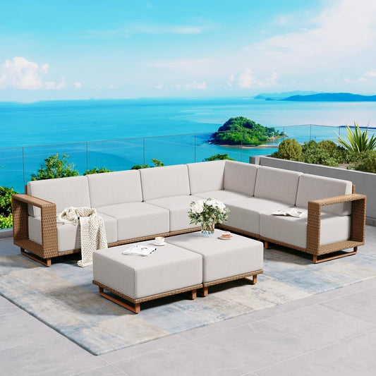 SUNSHINE VALLEY L Shaped Patio Furniture,Outdoor Rattan Wicker Sectional Sofa with 10''Ultra-Thick Cushions,All Weather Patio Conversation Set for Lawn Garden Backyard,Beige