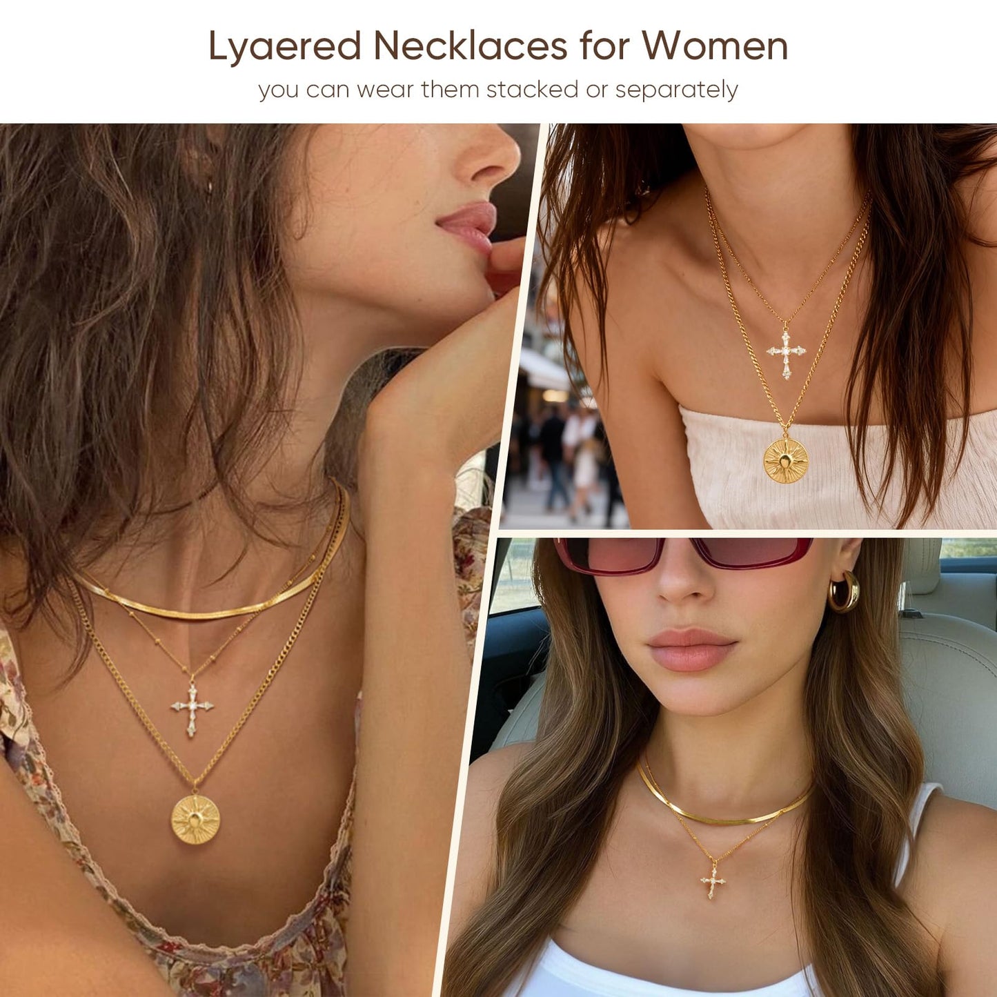 Gold Layered Necklace for Women - 3Pcs 18K Gold Plated Cross Necklaces, Stainless Steel Stackable Necklace Cuban Link Paperclip Chain Trendy Jewelry, Herringbone Choker Christmas Birthday Gift for