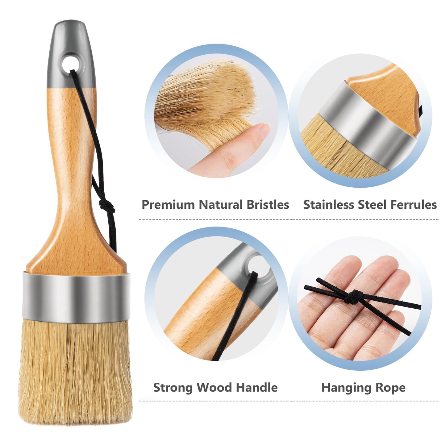 Mister Rui Chalk Paint Brushes, 3 Pack Wax Brush Set, Round Paint Brush Use with All Paints, Natural Bristle Brush for Painting, Stencils, Waxing, Home Decor, DIY Art Crafts