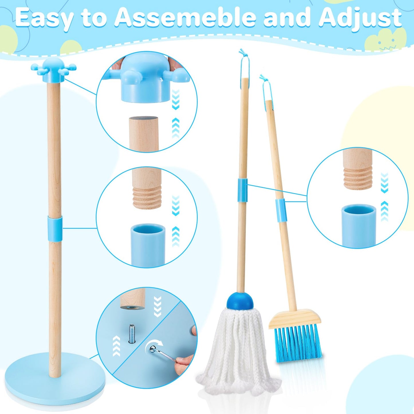 WHOHOLL 9 Pcs Wooden Kids Cleaning Toy Set, Cleaning Toys for Toddlers 3-6, Housekeeping Play Set Includes Broom Mop Duster Dustpan Sponge and Organizing Stand, Christmas Birthday Gifts for Boys Girls