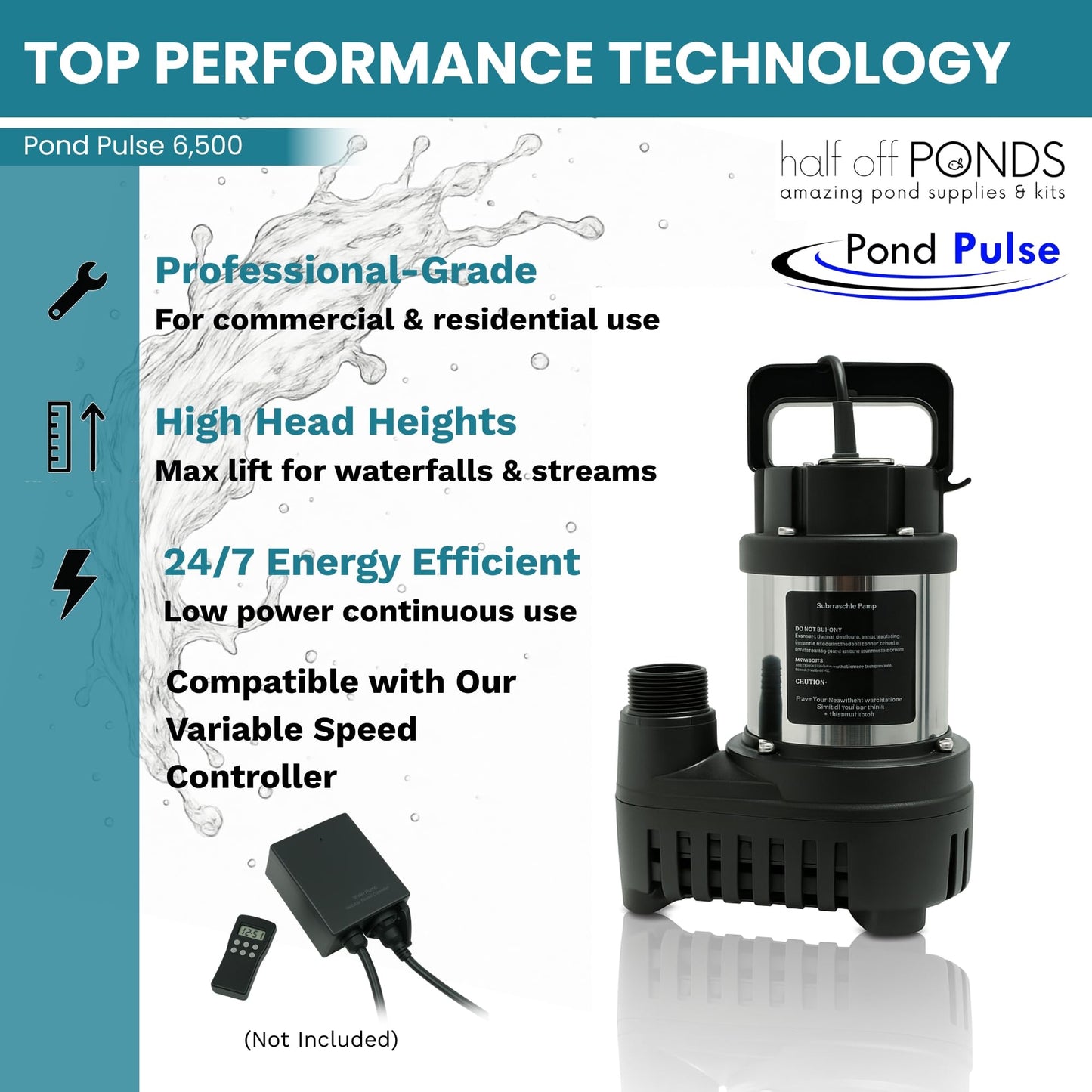 HALF OFF PONDS Pond Pulse 6,500 GPH Submersible Waterfall Pump – Hybrid Drive Pond Pump with 30' Cord – Energy Efficient, Fish Safe, 33' Max Head, for Skimmers & Large Water Features