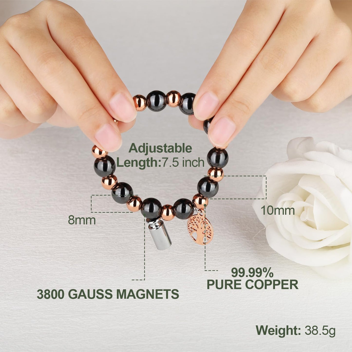 Fashtour Copper Beads Bracelet for Women and Men, Adjustable 99.99% Pure Copper Beads with 10mm Hematite Stones, Magnetic Beaded Jewelry Gift with Tree of Life Charm (10mm)